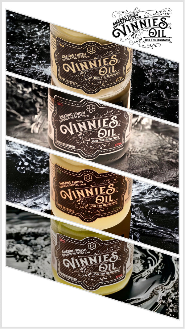 Four jars of Vinnie's Oil with a black and white abstract background