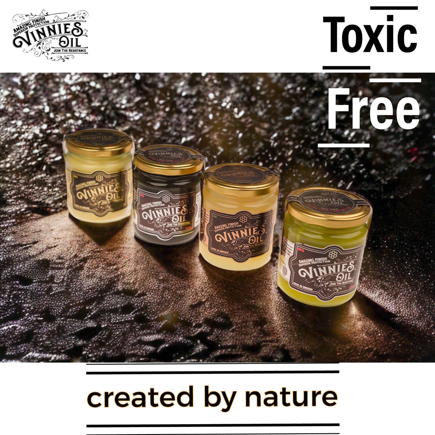 Four jars of Vinnie's Oil on a textured surface with 'Toxic Free' and 'Created by Nature' text.